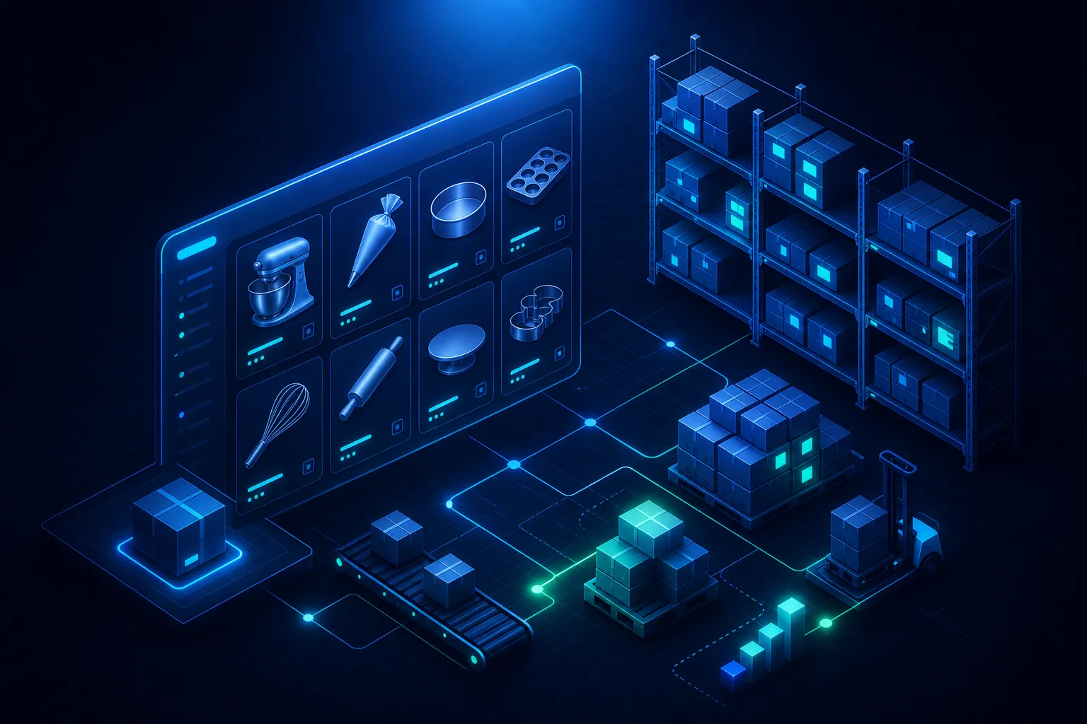 BakingToolBox: large-catalog commerce and operations cover illustration